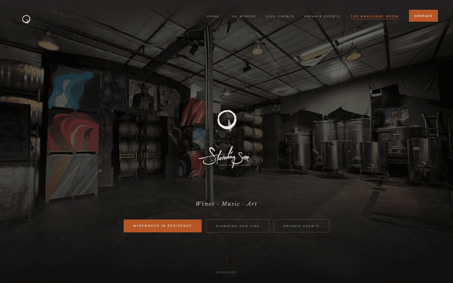 Homepage of Standing Sun Wines, a custom crush winery and event space in Buellton, California